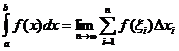 integral(a..b, f(x)*dx) = lim(n->inf, sum(i=1..n, f(z(i))*dx(i)))
